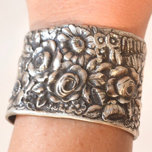 Rare Antique Tiffany Stamped Sterling Silver Cuff Bracelet Wide - Picture 2 of 12